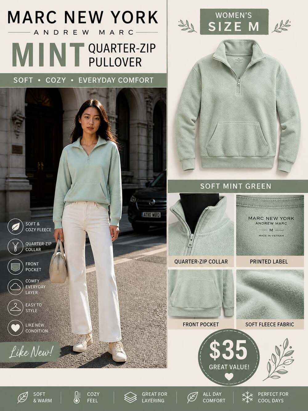 Marc New York Women’s Mint Green Quarter-Zip Fleece Pullover Size M